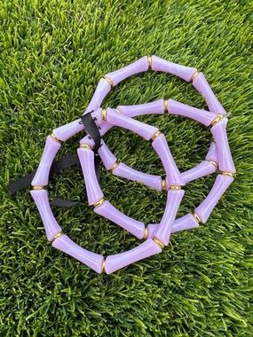 Set of 3 retro tiki bamboo look stretch bracelets in lavender & gold